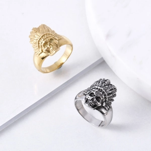 Vintage gold and silver stainless steel Indian chief skull rings for men