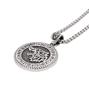 Vintage Viking wolf head pendant necklace with Nordic runes on a stainless steel chain