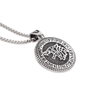 Vintage Nordic Viking wolf totem pendant necklace with runic symbols on steel chain