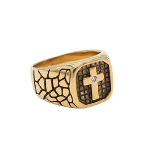 Vintage Herren-Kreuzring in Gold mit Zirkonia und markant strukturierter Oberfläche