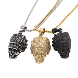 Retro Titanium Steel Indian Chief Skull Pendant For Men Punk Gothic Feather Headband Skeleton Pendant Without Chain
