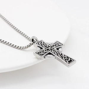 Retro Viking Celtic cross pendant in stainless steel with a fine box chain necklace