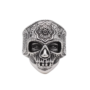 Men's Vintage Titanium Steel Skull Ring Gothic Mandala Engraved Punk Style Jewelry for Halloween Day of the Dead Accessory