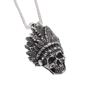 Retro stainless steel Indian chief skull pendant necklace with feather headdress for men