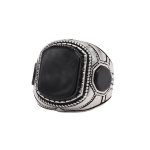 Men Vintage Titanium Steel Signet Ring With Rectangular Black Stone Retro Punk Geometric Band Ring Fashion Jewelry Gift