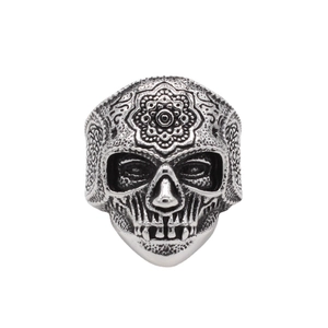 Vintage stainless steel skull ring with floral engraving for men in gothic style