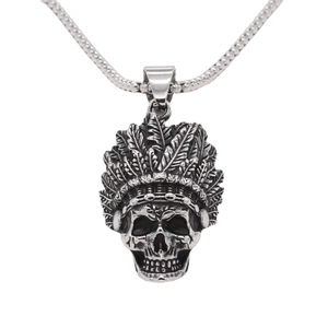 Vintage stainless steel Indian chief skull pendant necklace with feather headdress