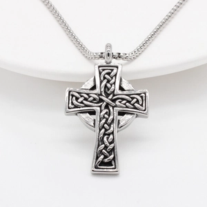 Retro Viking Celtic cross pendant in polished stainless steel with intricate knotwork