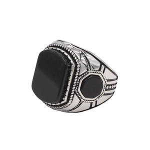 Retro men's stainless steel signet ring with square black stone and geometric patterns