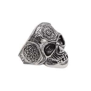 Vintage silver skull ring with intricate mandala carvings in punk biker style for men