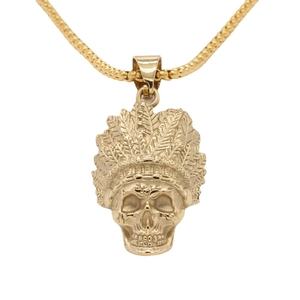 Vintage golden Indian chief skull pendant necklace with beaded steel chain for men