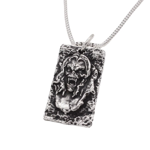Gothic Punk Rock Skelett Halskette mit rechteckigem Teufelsmasken Relief in Vintage Silber