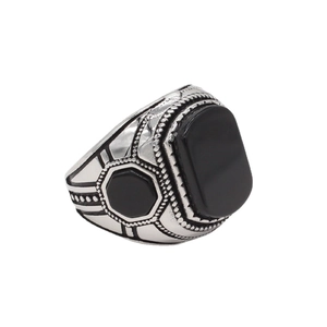 Vintage punk men's stainless steel ring with black rectangular stone and embossed details