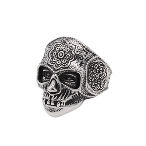 Retro Mexican skull ring for men in stainless steel with detailed mandala engravings