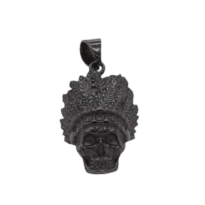 Vintage Indian Chief skull pendant in matte black titanium steel for men's biker necklace