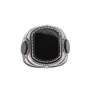 Vintage gothic men's stainless steel ring with large rectangular black gemstone and side stones