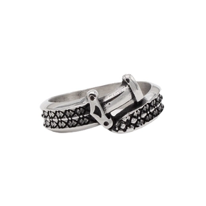 Vintage punk dagger sword style stainless steel ring with buckle design and textured finish