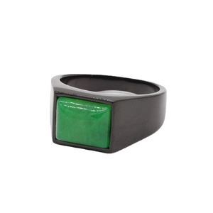 Minimalist black steel signet ring for men featuring a square green emerald stone inlay