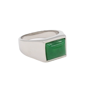 Minimalist silver stainless steel ring featuring a square emerald green gemstone inlay