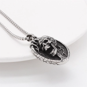 Retro punk style stainless steel skull pendant necklace with intricate vine textures