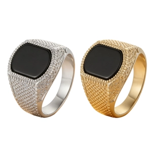 Vintage Herren Edelstahl Siegelring Gold Silber Vergoldet Künstlicher Schwarzer Onyx Lapislazuli Geometrischer Ring