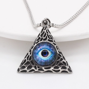 Retro triangle necklace with blue all-seeing eye pendant and hollowed silver steel frame