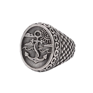 Vintage Titanium Steel Anchor Ring For Men Gothic Punk Distressed Embossed Sun Wave Signet Ring Hip Hop Fashion Jewelry