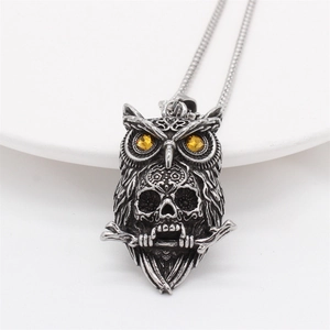 Vintage gothic owl skull pendant necklace with yellow eyes and silver stainless steel finish