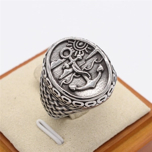 Retro gothic punk ship anchor seal ring for men featuring nautical sun and wave carvings