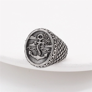 Retro punk nautical anchor signet ring for men in oxidized stainless steel finish
