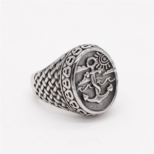 Retro punk nautical anchor ring for men in vintage silver stainless steel finish