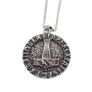 Nordic Viking Thor Hammer Pendant Necklace For Men Antique Titanium Steel Round Rune Mjolnir Pendant Retro Punk Jewelry