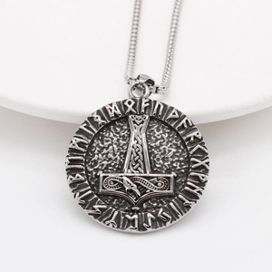Retro Viking Mjolnir pendant necklace with Norse runes on a polished snake chain