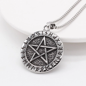 Vintage Viking pentagram pendant necklace with runic circle in silver stainless steel