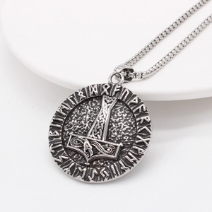 Retro Viking Mjolnir pendant necklace with engraved runes on a round stainless steel plate
