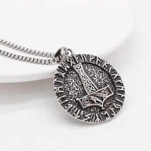 Vintage Viking Thor's Hammer round pendant necklace with Runic alphabet in silver finish