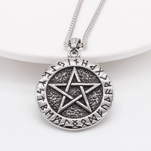 Retro Nordic Viking pentagram pendant necklace with ancient rune carvings in silver steel