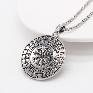 Vintage Viking Vegvisir compass pendant necklace in silver stainless steel finish
