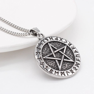 Vintage silver Viking rune necklace with five-pointed star pendant on steel ball chain