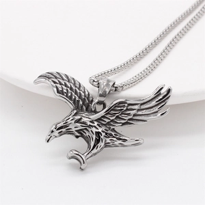 Retro eagle stainless steel pendant necklace with detailed feathers and ball chain