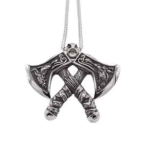 Vintage Viking Double Axe Pendant Necklace For Men Distressed Titanium Steel Norse Totem Warrior Jewelry Retro Necklace