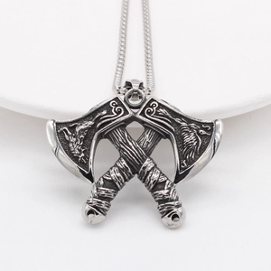 Nordic Viking double axe pendant necklace with retro totem engravings in titanium steel