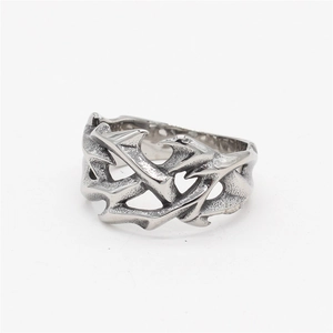 Gothic retro titanium steel dragon flame totem hollow ring with oxidized silver finish