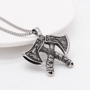 Vintage Viking double axe pendant necklace in polished retro silver stainless steel
