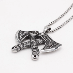Vintage Viking double axe pendant necklace with Norse engravings and box chain