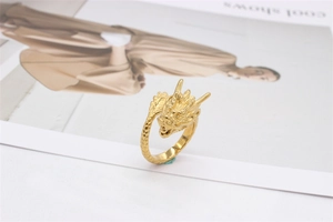 Detailed close-up of golden dragon head ring showing intricate scales and craftsmanship
