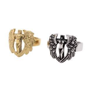 Bague Croix Ailes d'Ange Gothique Hommes Acier Titane Bijoux Religieux Vintage Or Argent Rétro Punk Biker Bague