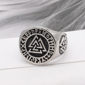 Vintage Viking Valknut signet ring in stainless steel with Norse runes and Celtic knots