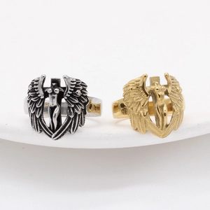 Bague gothique rétro ailes d'ange et croix en acier vintage et or pour homme