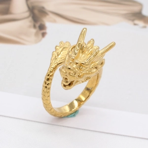 Vintage golden dragon ring for men with detailed 3D carving and scales in titanium steel